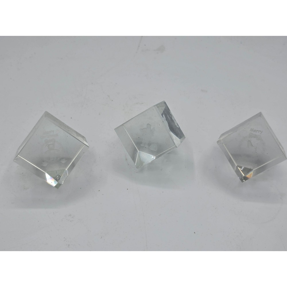 Set of 3 Christmas Laser Etched Crystal Glass Cubes Santa Bear Wreath 1.5in